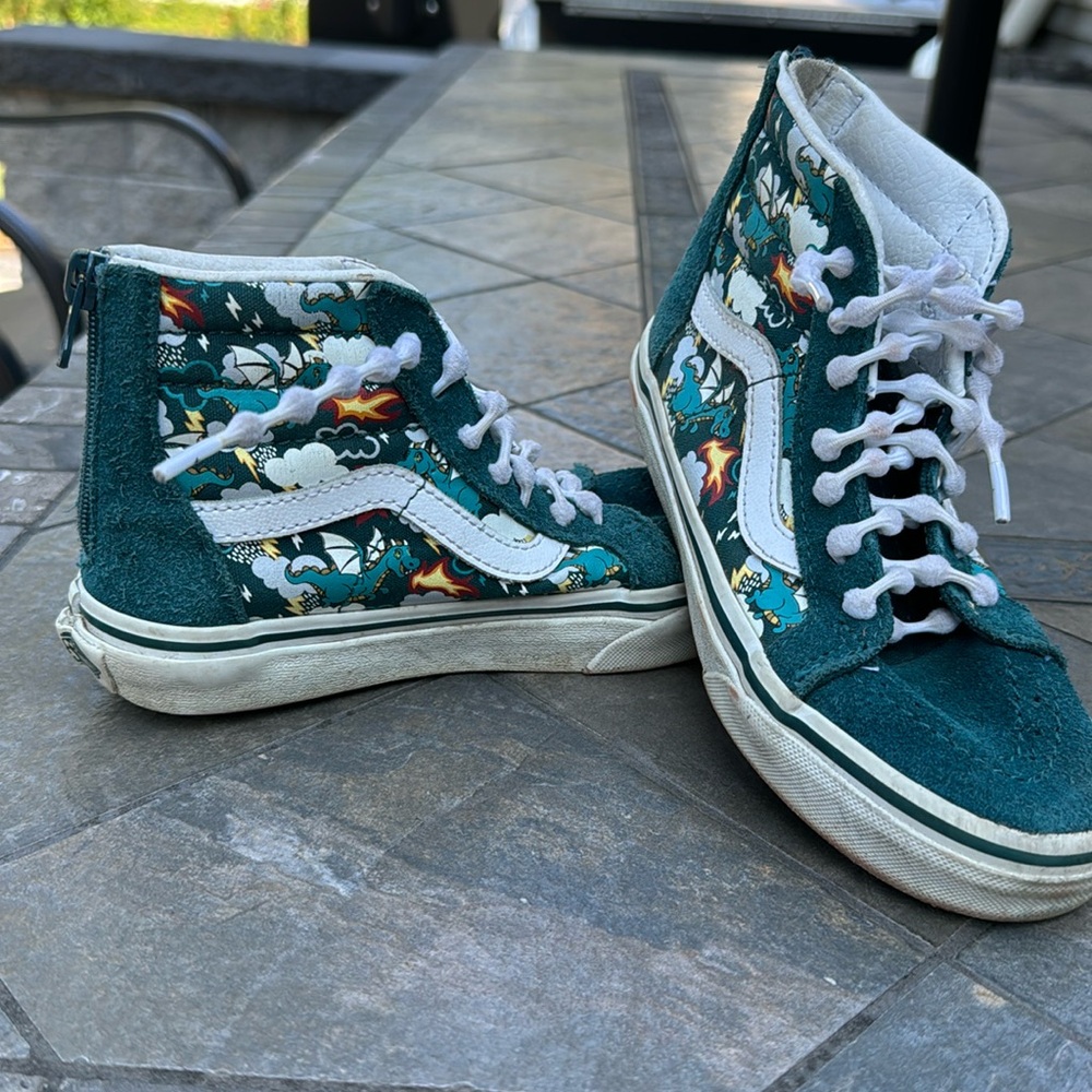 Size 13 Kids/30.5 EUR Vans (dragon and glow in the dark design) in Teal.
